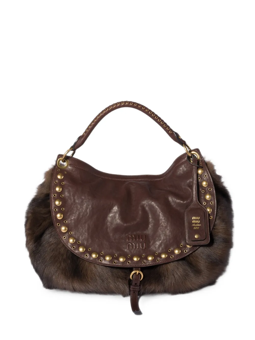 Miu Miu Rendez-vous shearling and nappa leather bag with studs - Brown