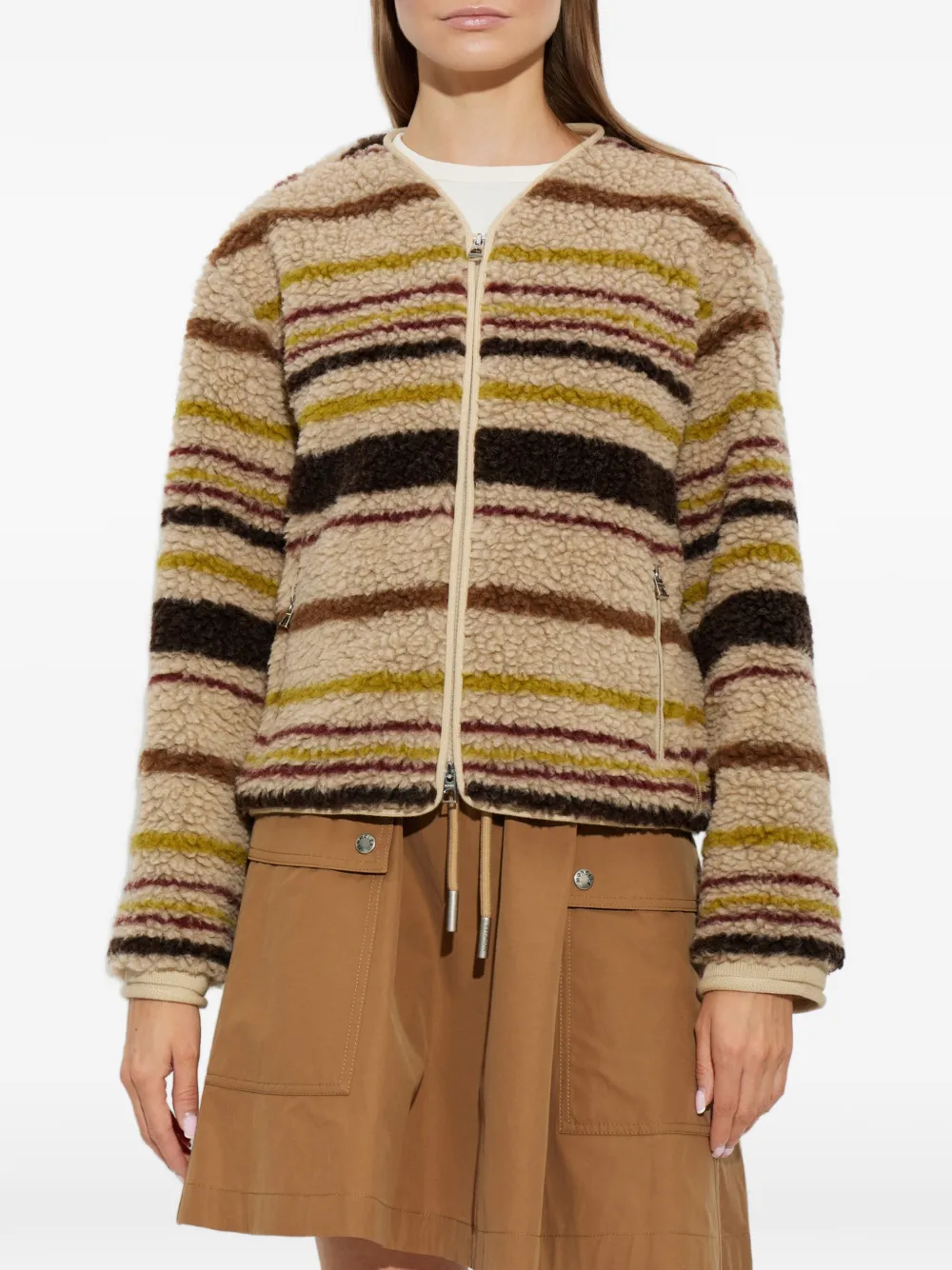 Moncler Striped Fleece Jacket in Brown, view 3