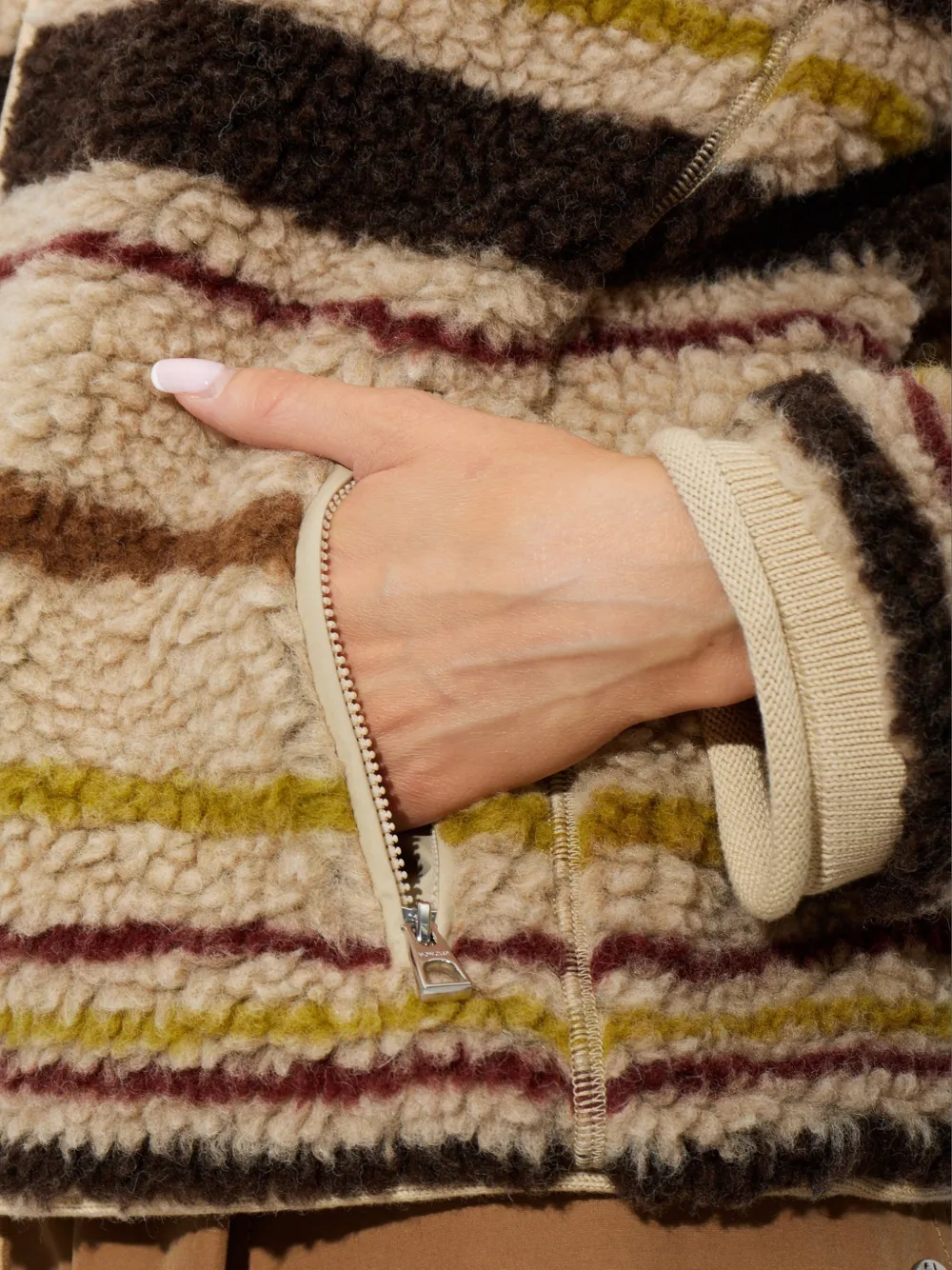 Moncler Striped Fleece Jacket in Brown, view 5