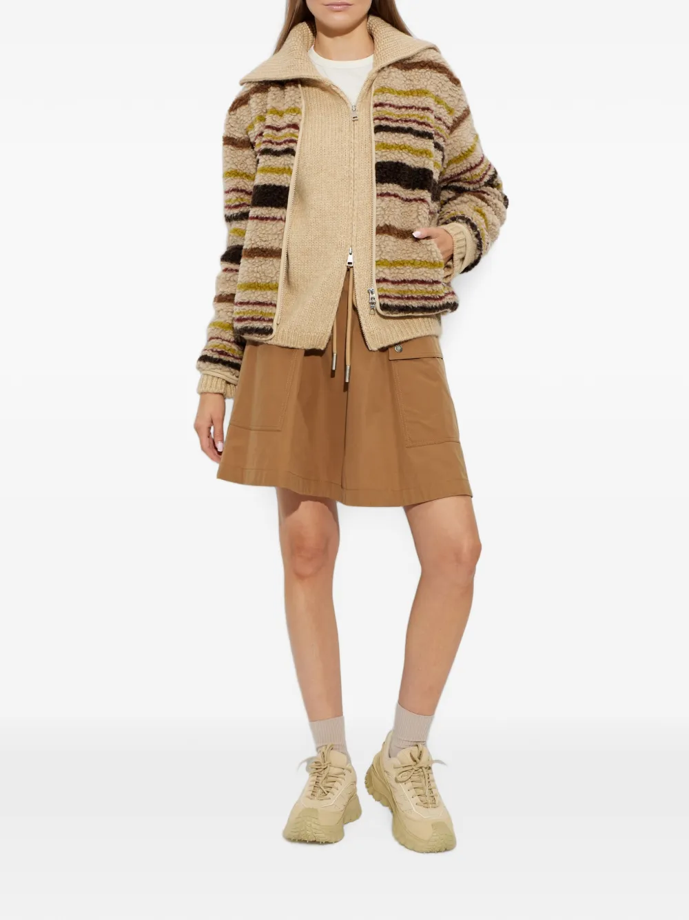 Moncler Striped Fleece Jacket in Brown, view 2
