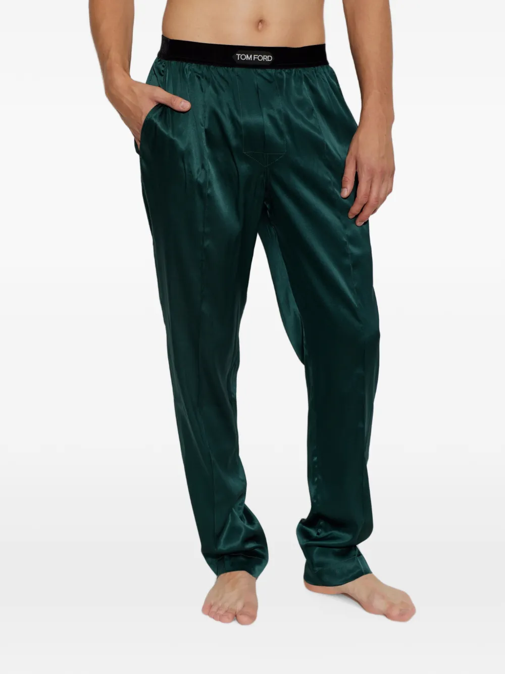 TOM FORD logo-patch silk-blend loungewear trousers Groen