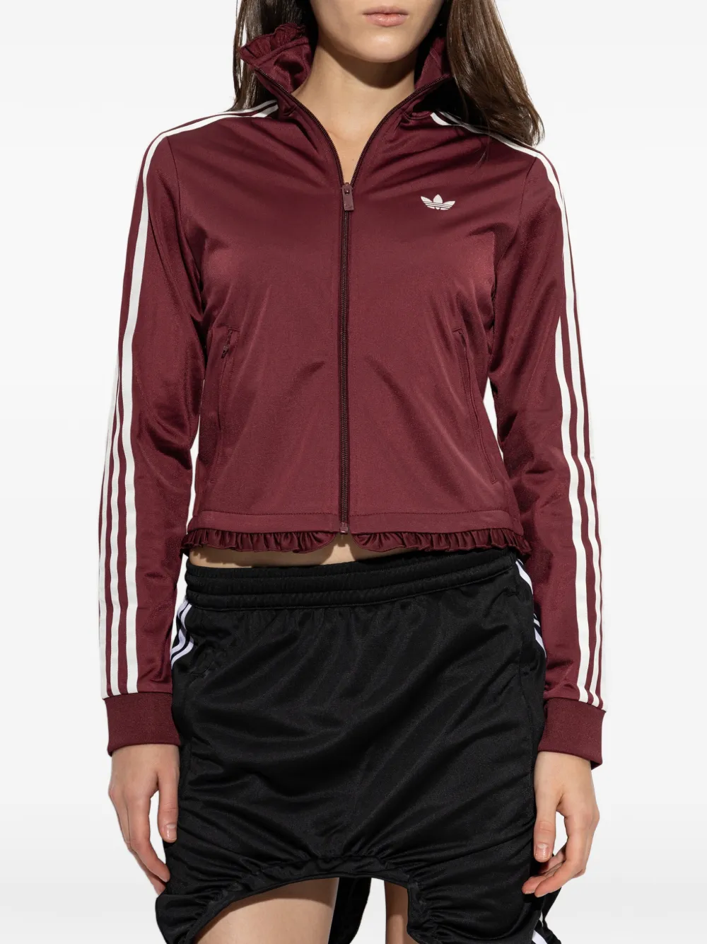 adidas ruffle-trimmed striped-sleeve zip-up sweatshirt Rood