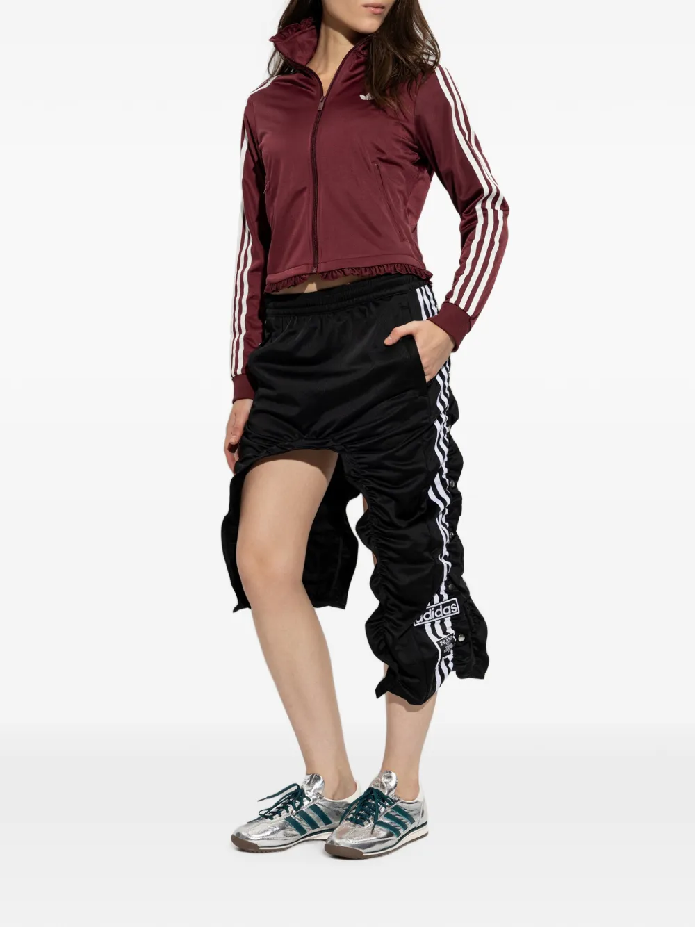 adidas ruffle-trimmed striped-sleeve zip-up sweatshirt Rood