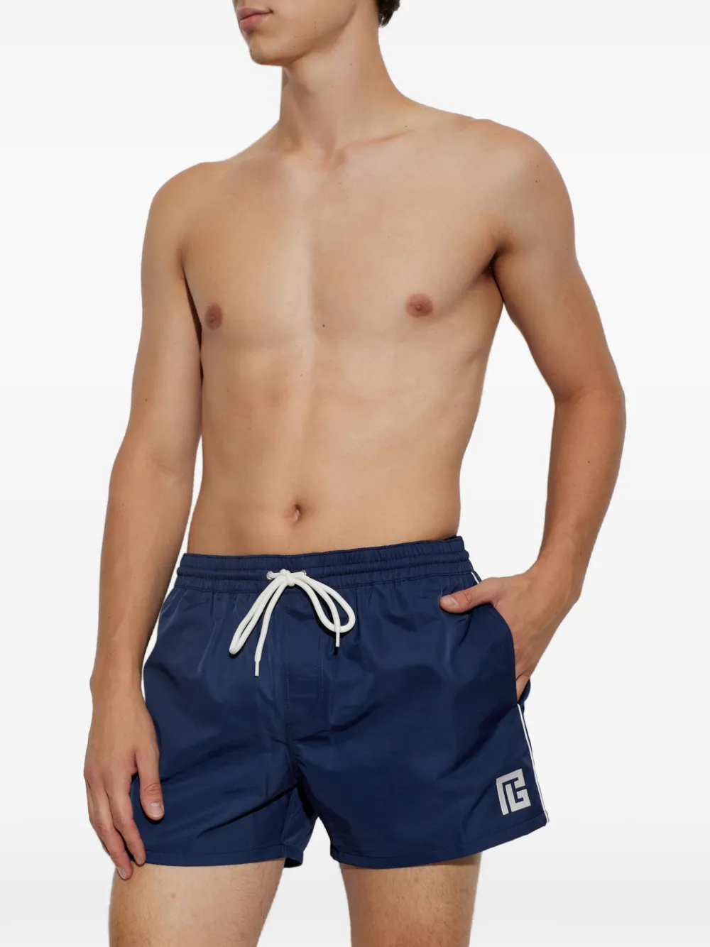 Balmain side-stripe logo-patch swim shorts Blauw