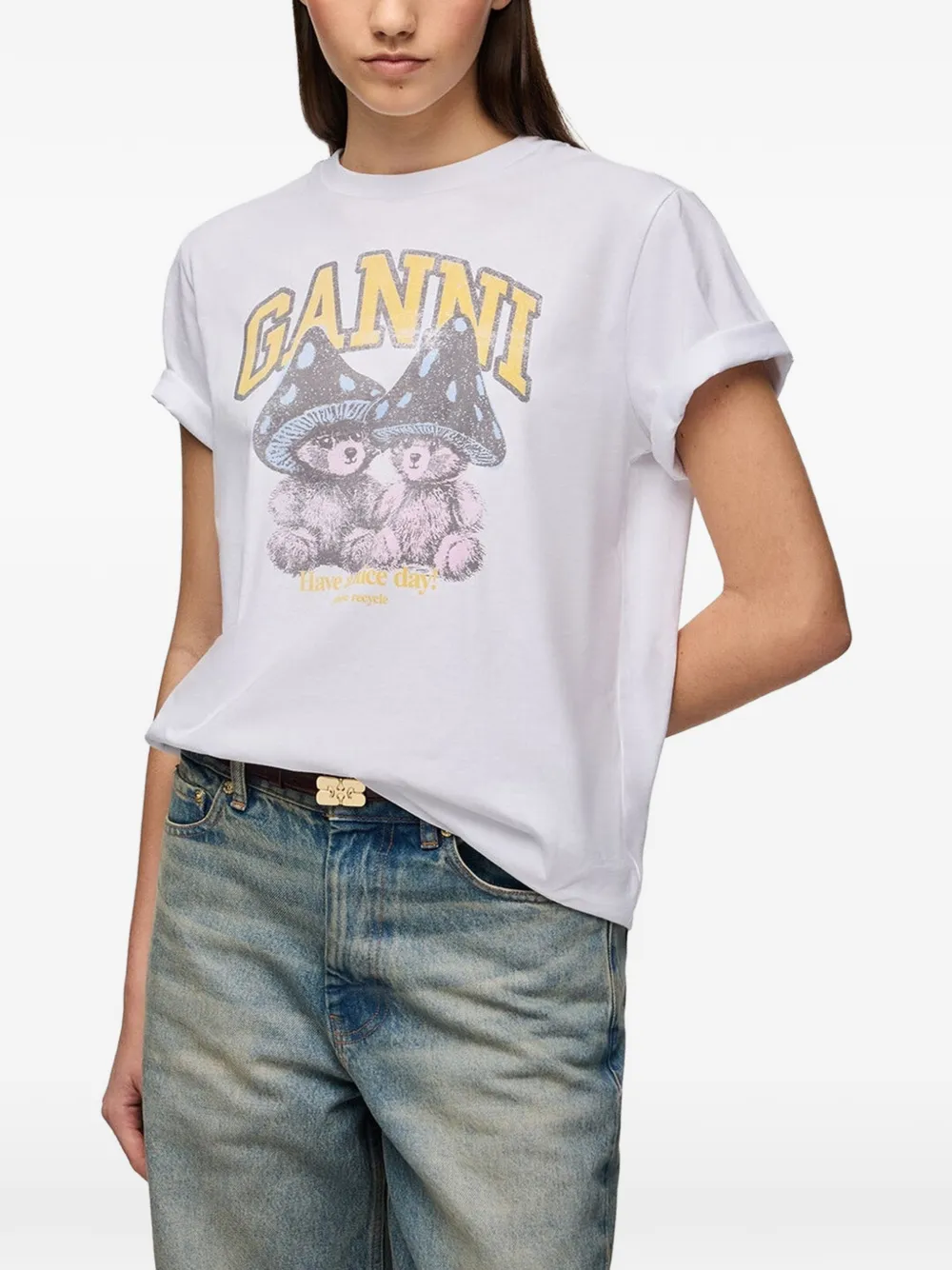 GANNI T-shirt met Mushroom Teddy Wit