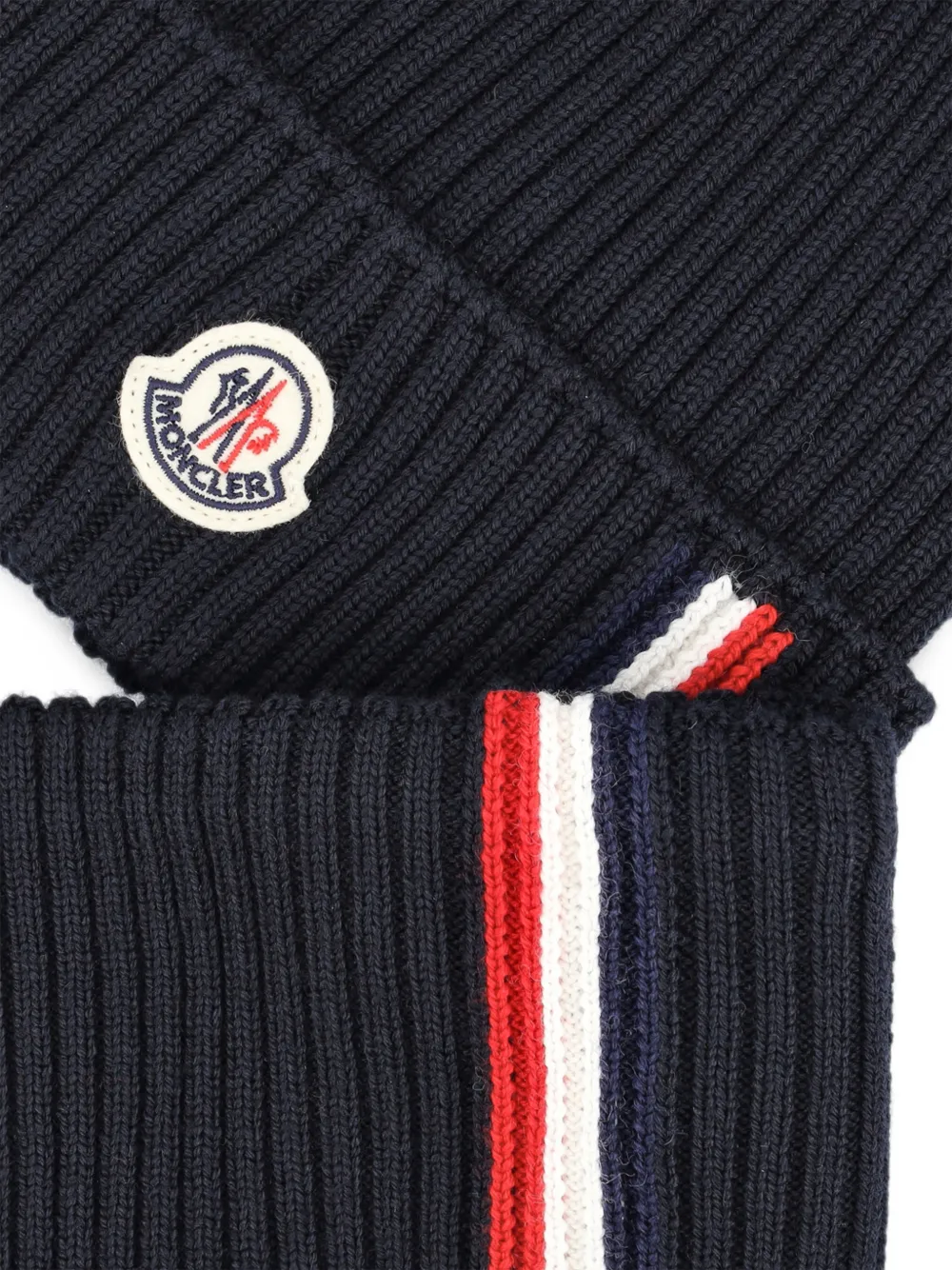Moncler Enfant Ribgebreide muts en sjaal met logopatch Blauw