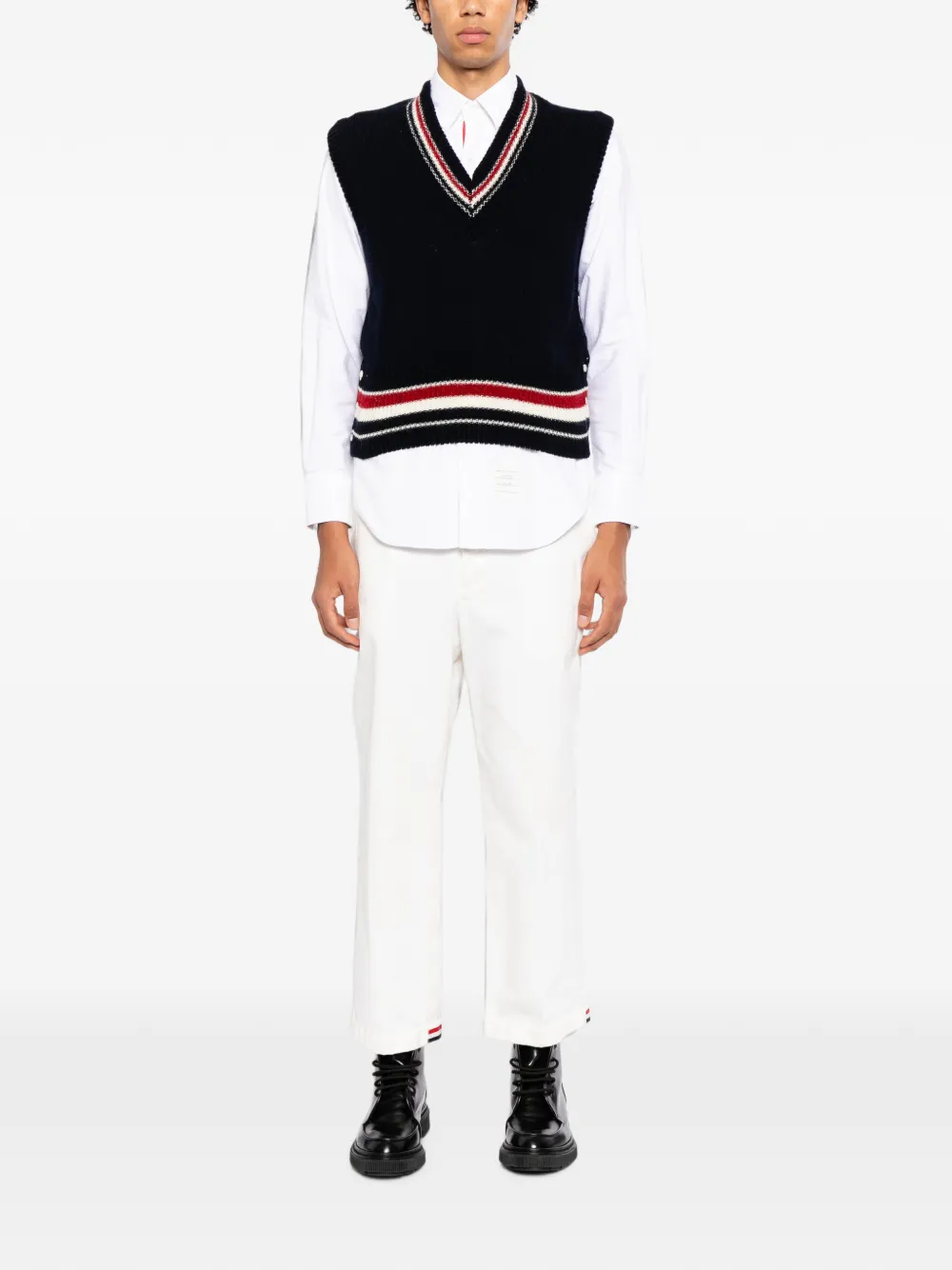 Thom Browne stripe-detail V-neck top - Blu