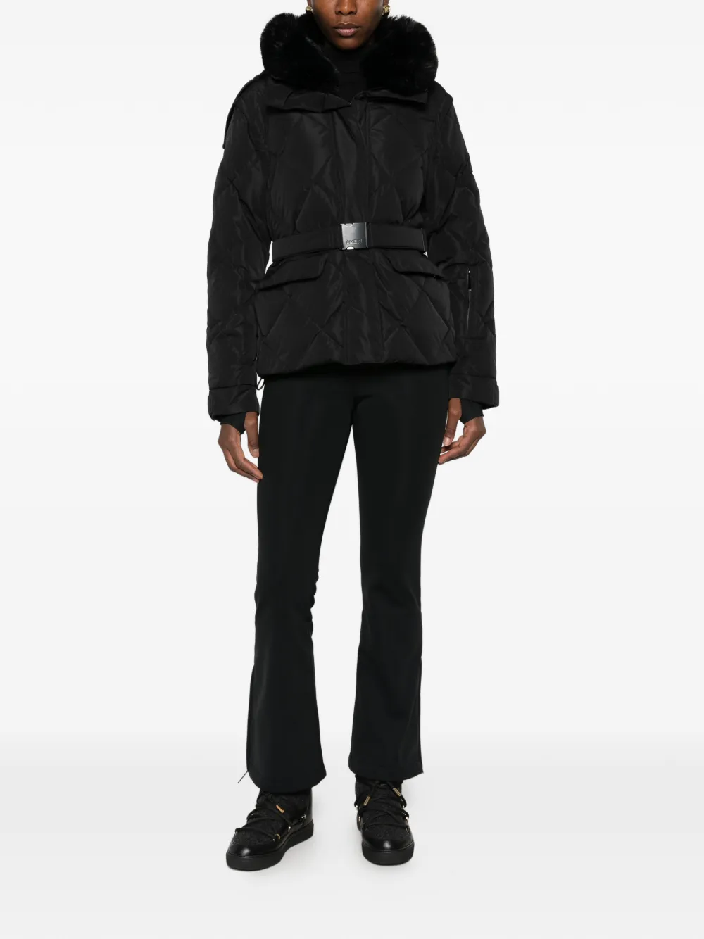 AMERL Bettina diamond-quilted belted ski jacket Zwart