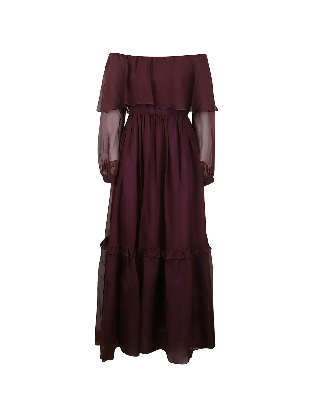 Raquel Diniz off-shoulder ruffled A-line maxi dress Rood