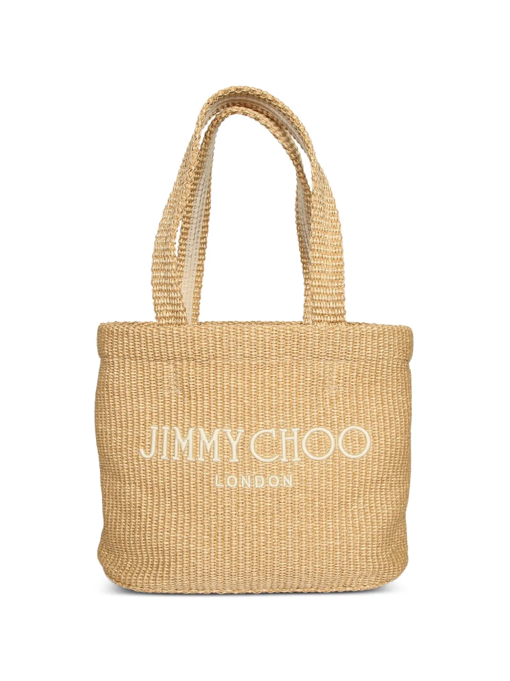 Jimmy Choo woven-raffia logo-embroidered tote bag