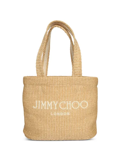 Jimmy Choo woven-raffia logo-embroidered tote bag