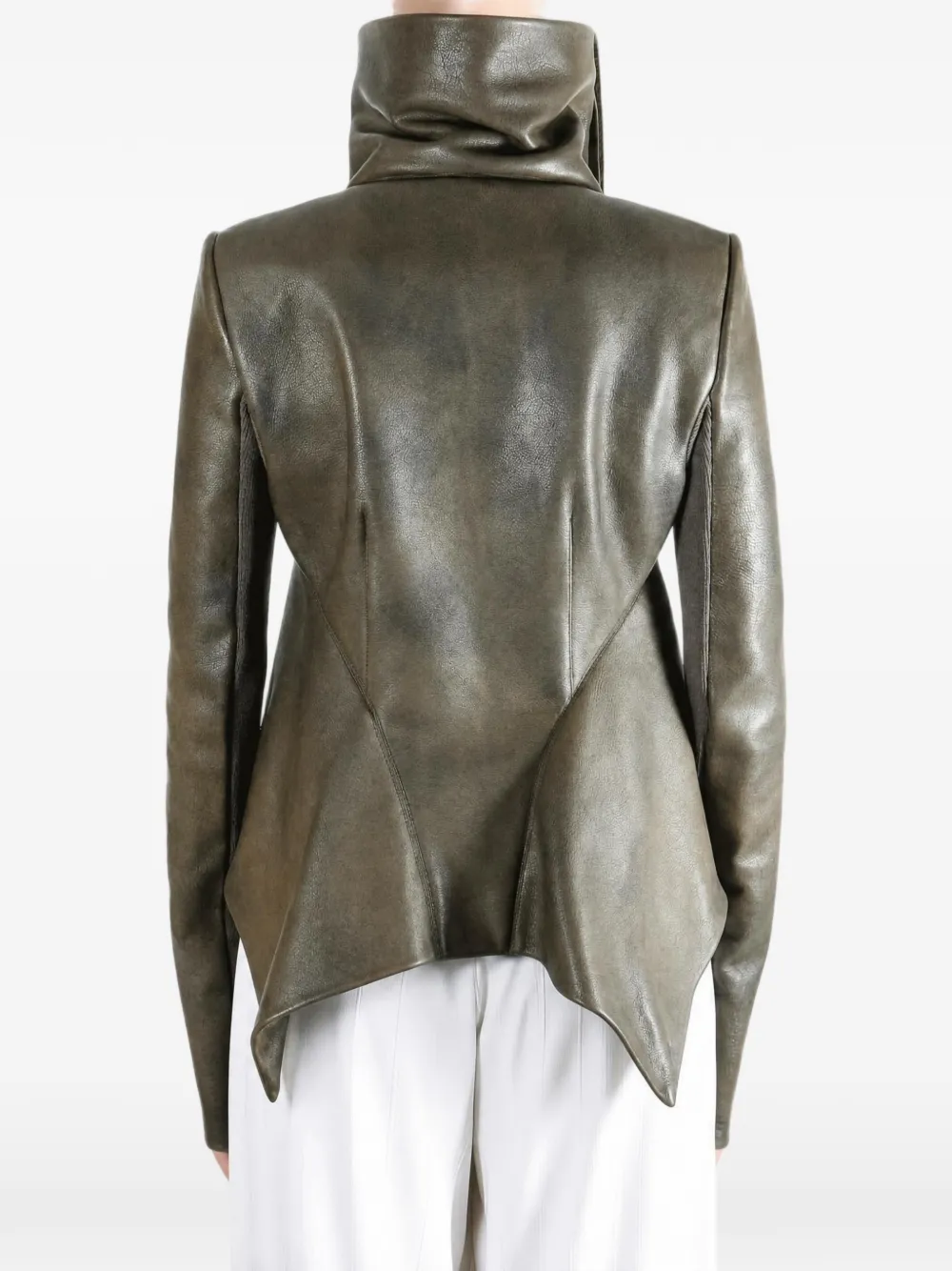 Rick Owens funnel-neck asymmetric leather jacket Groen