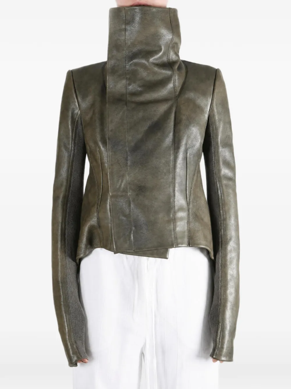 Rick Owens funnel-neck asymmetric leather jacket Groen