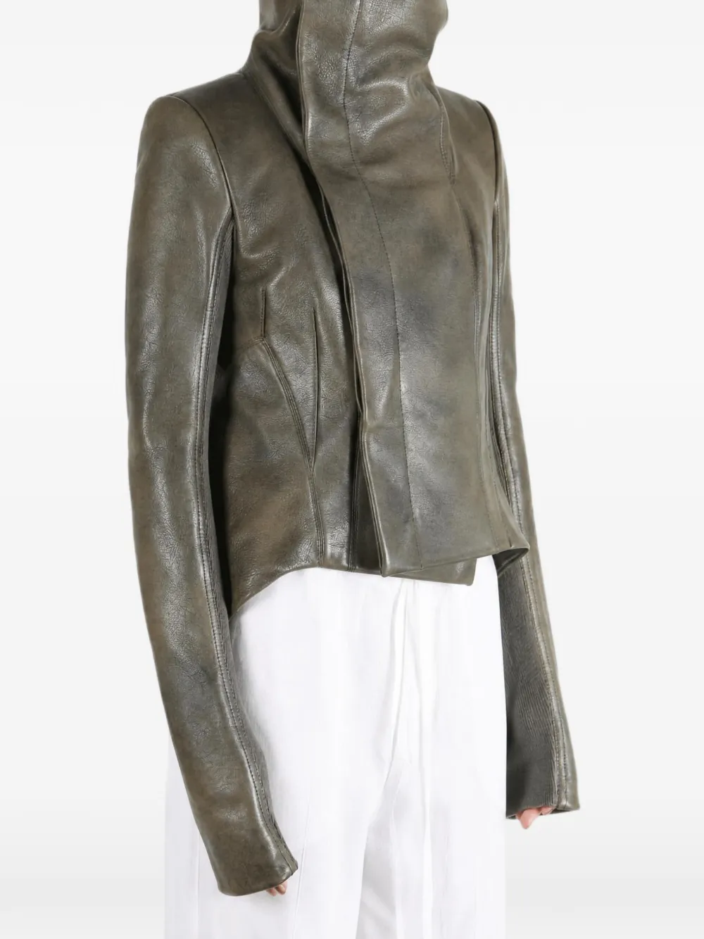 Rick Owens funnel-neck asymmetric leather jacket Groen