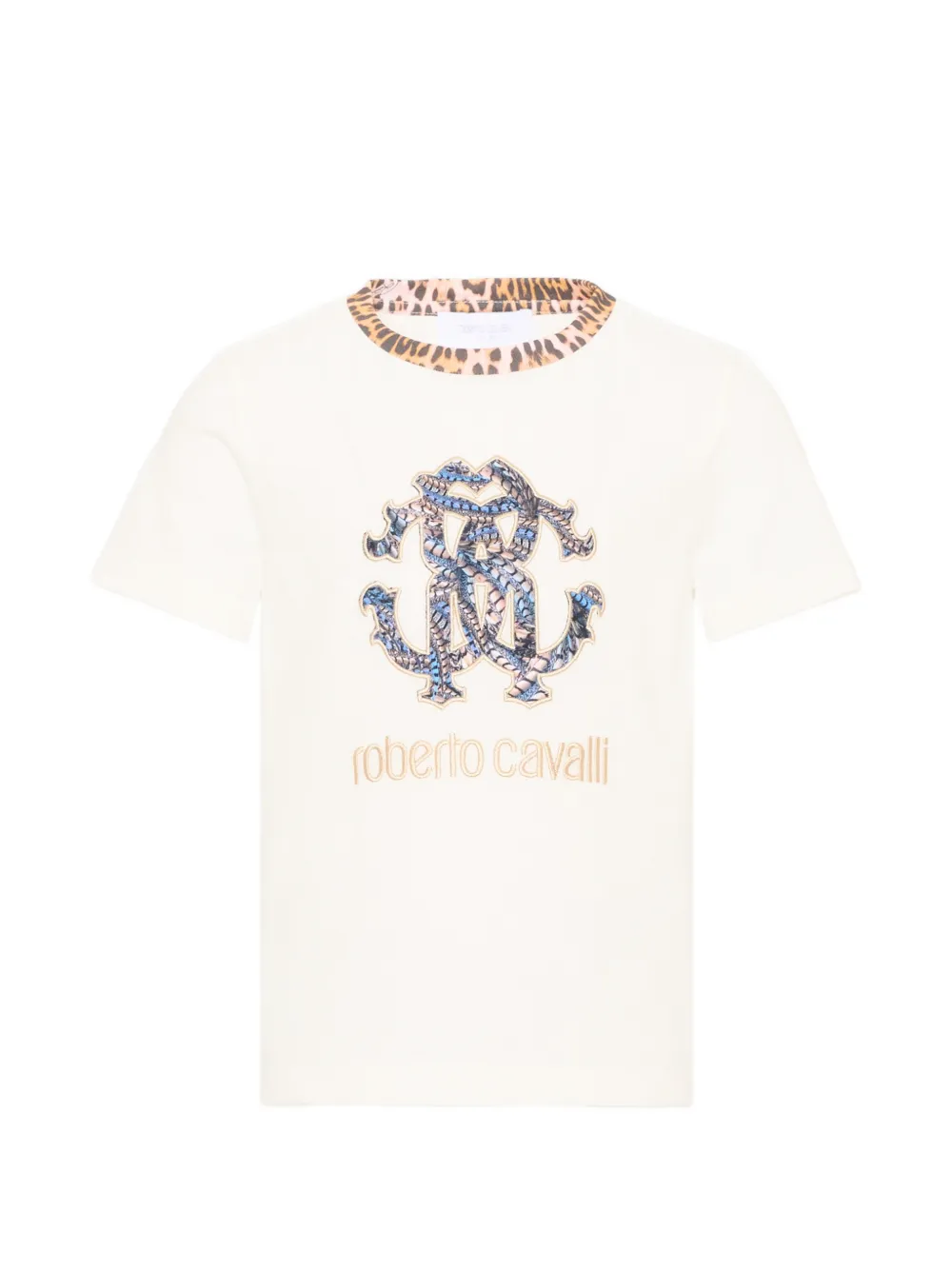 Roberto Cavalli Junior logo-print leopard-trim T-shirt - Toni neutri