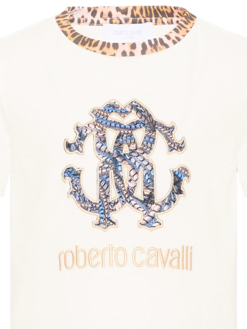 Roberto Cavalli Junior logo-print leopard-collar T-shirt Beige