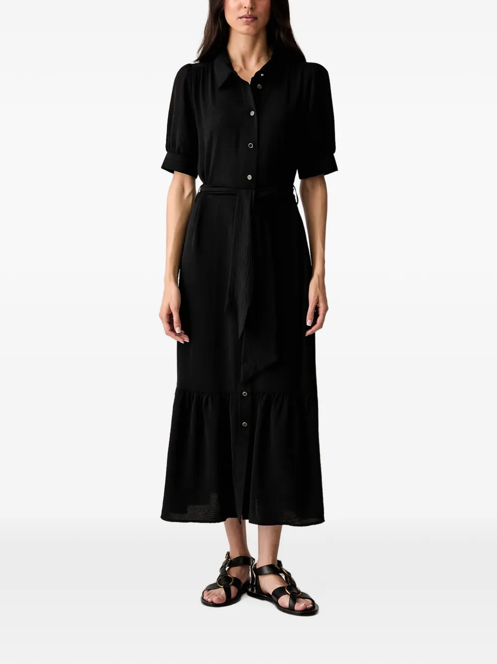 Morgan Belted Tiered Midi Dress In Black