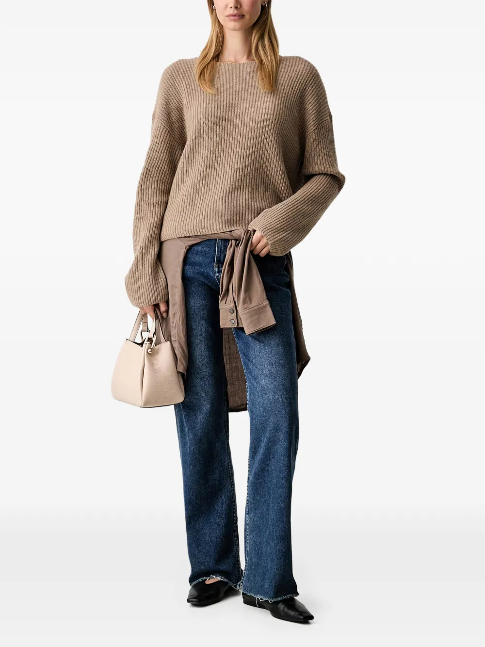 Marc O'Polo Ribgebreide trui met boothals Beige
