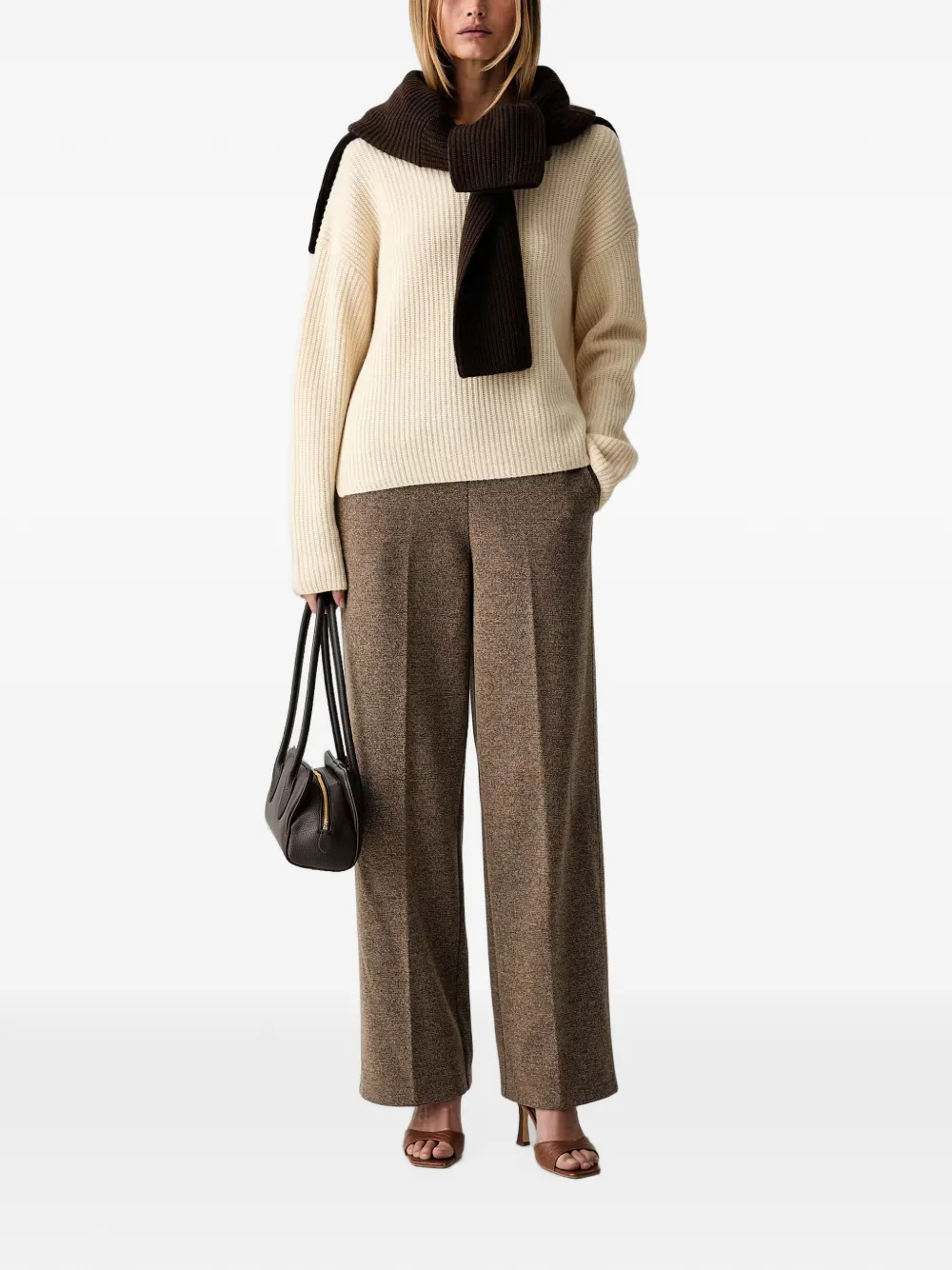 Marc O'Polo Geribbelde trui met boothals Beige