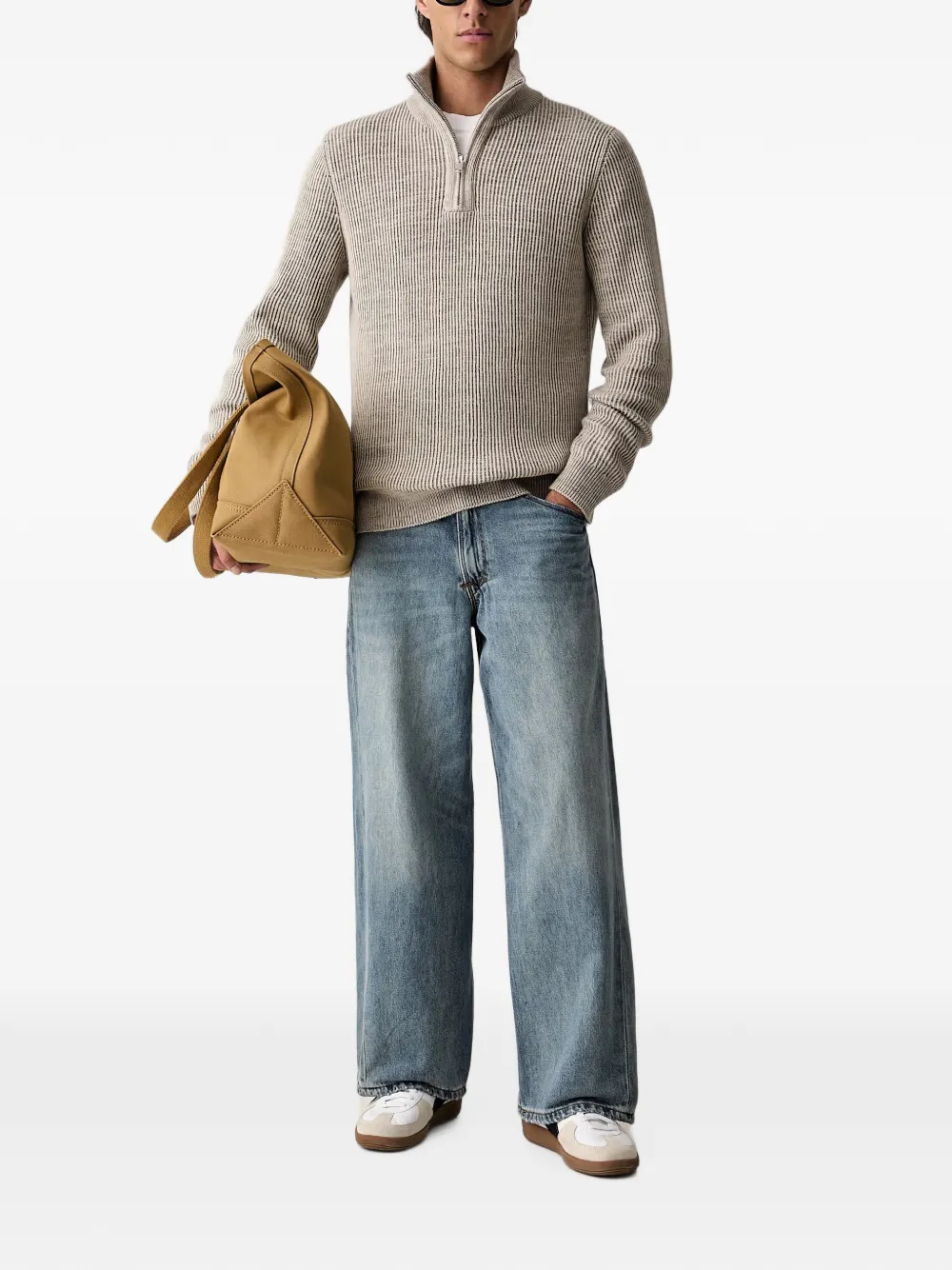 Marc O'Polo Ribgebreide trui met kwart rits Beige