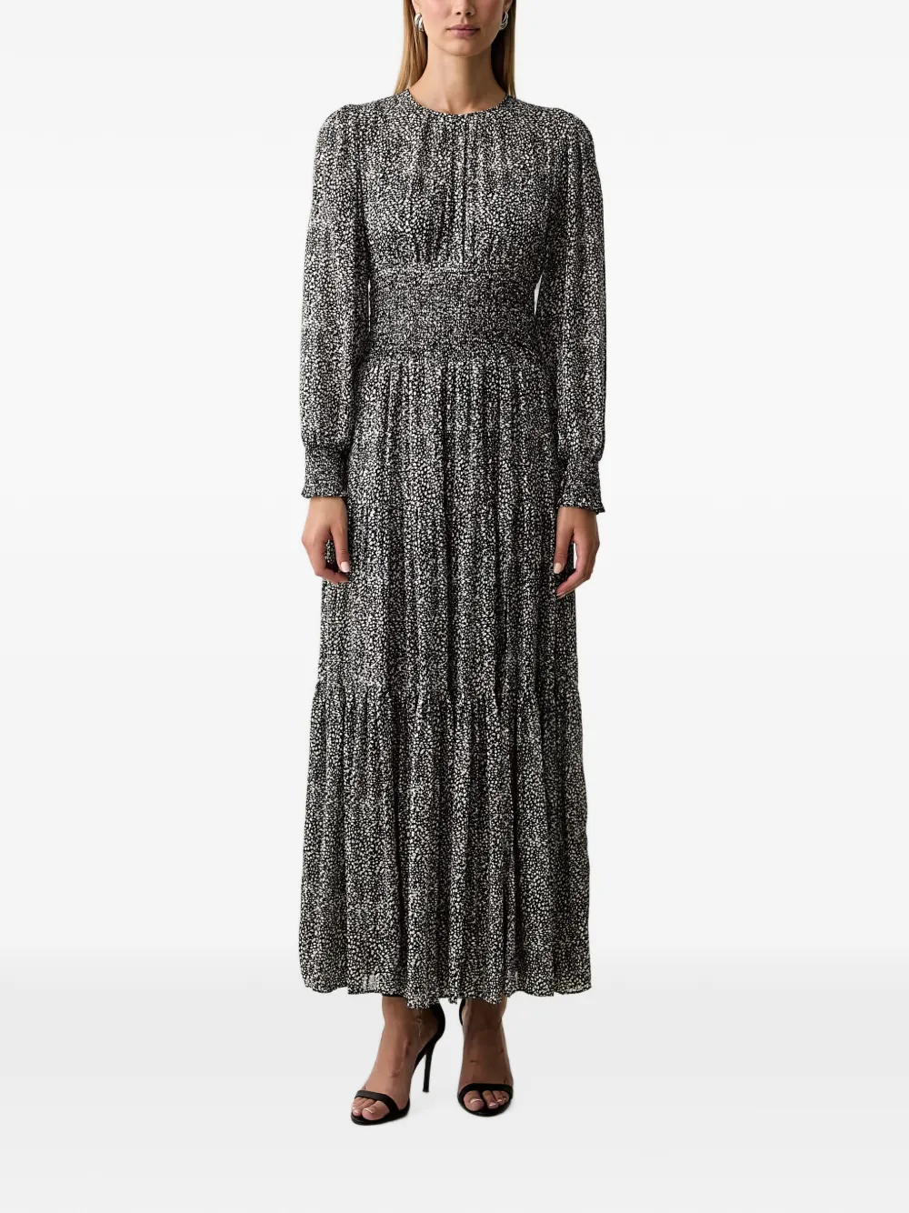 Michael Michael Kors Printed Smocked Georgette Maxi Dress In 블랙