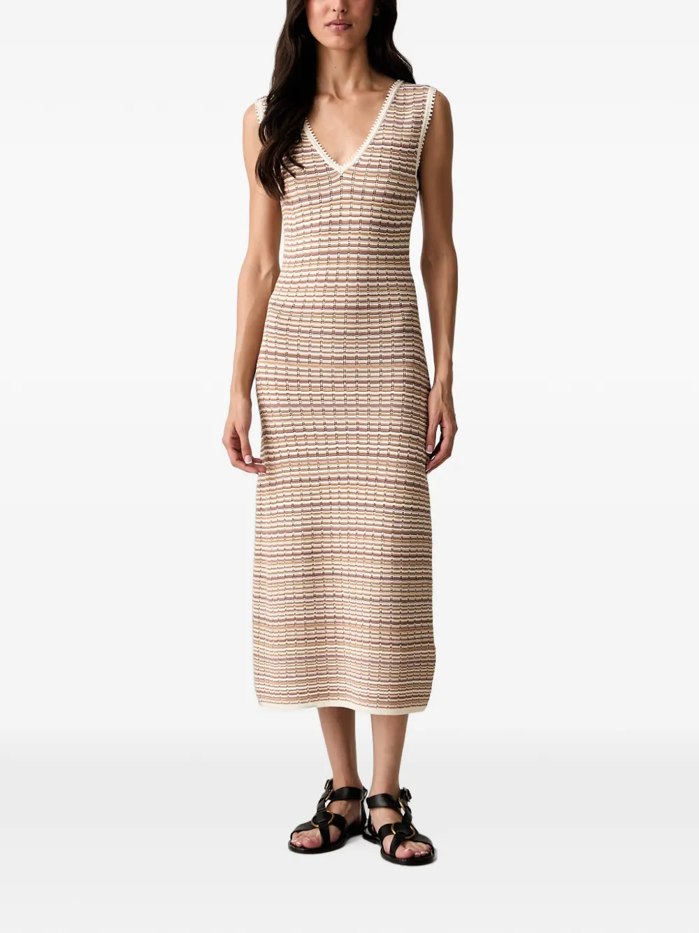 Morgan Striped V-neck Midi Dress In Neutrals