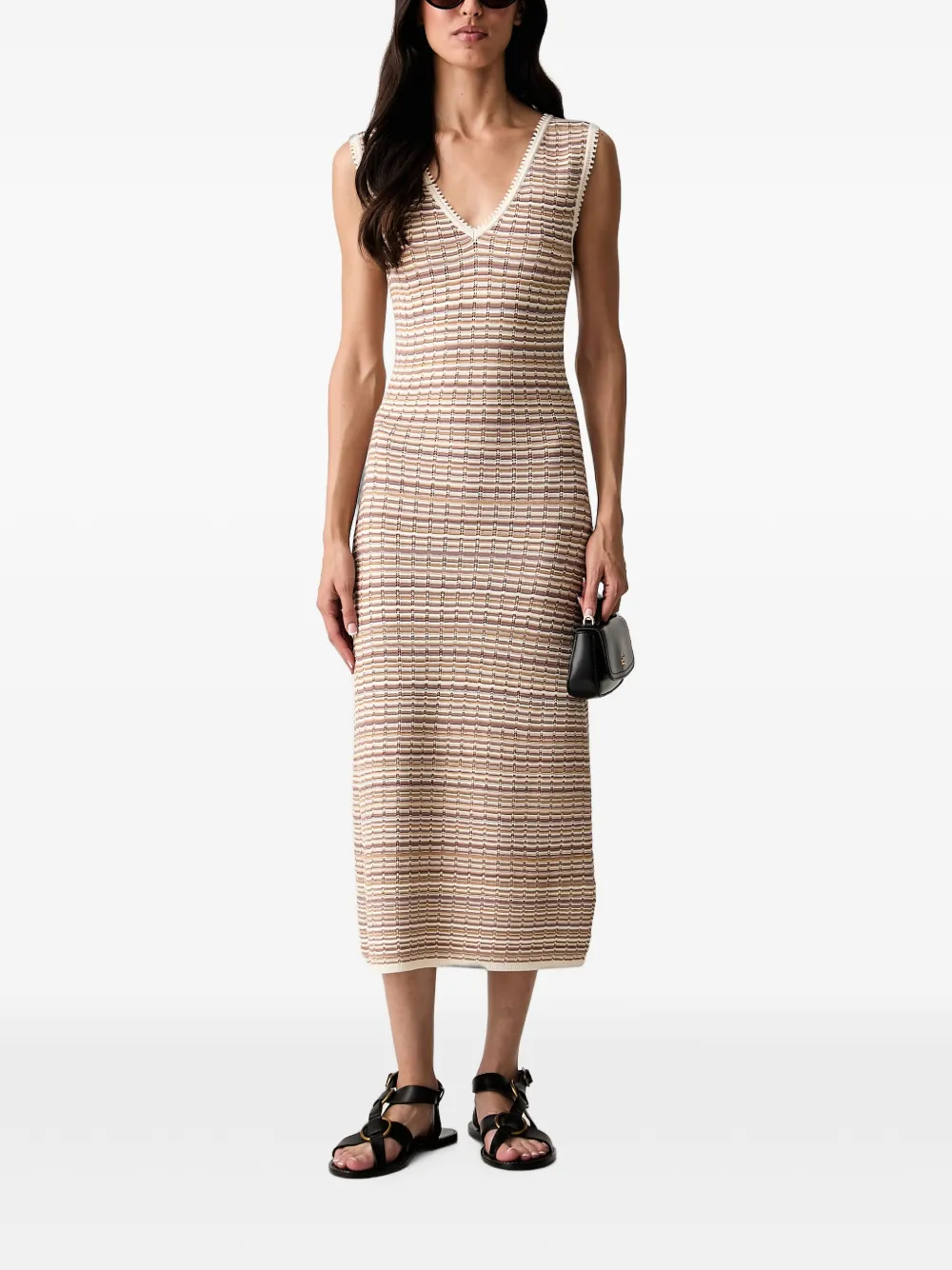 Morgan striped V-neck midi dress Beige