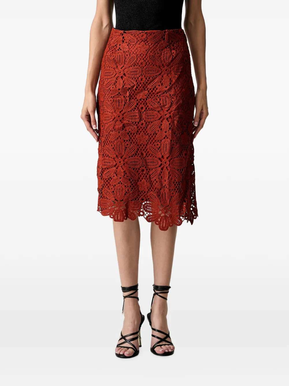 Morgan Floral-lace Pencil Midi Skirt In Red