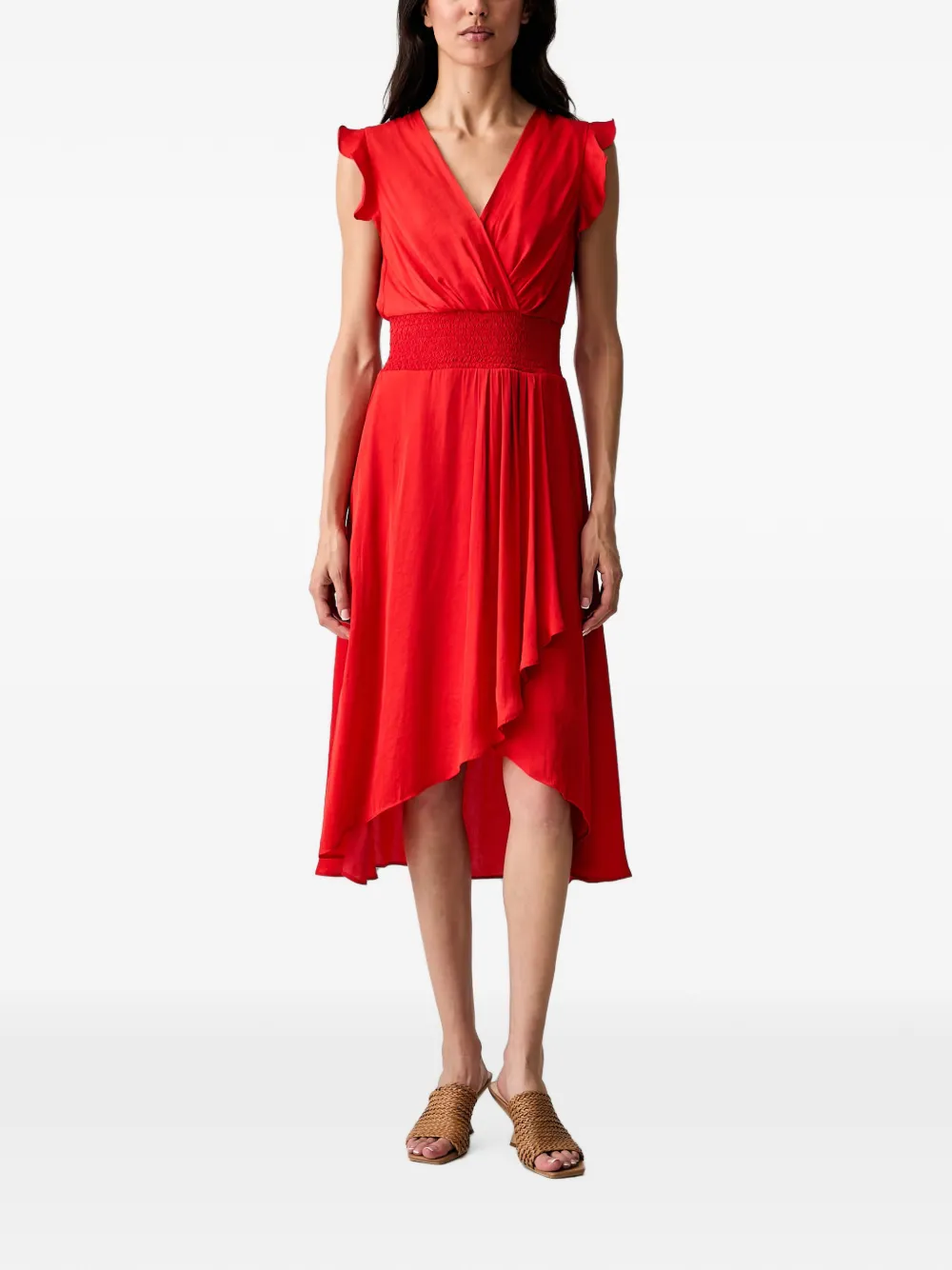 Morgan Rwally ruffled asymmetric-hem midi dress