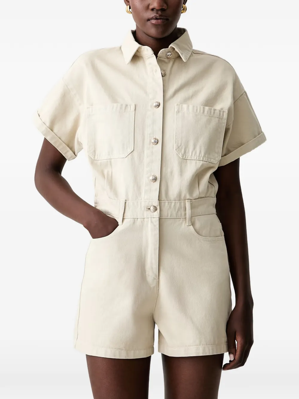Morgan Button-up Short-sleeve Playsuit In Neutrals