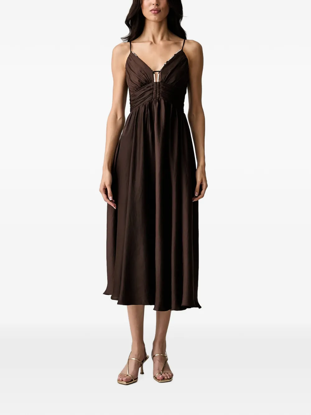 Morgan Embellished Gathered Midi Dress In Brown