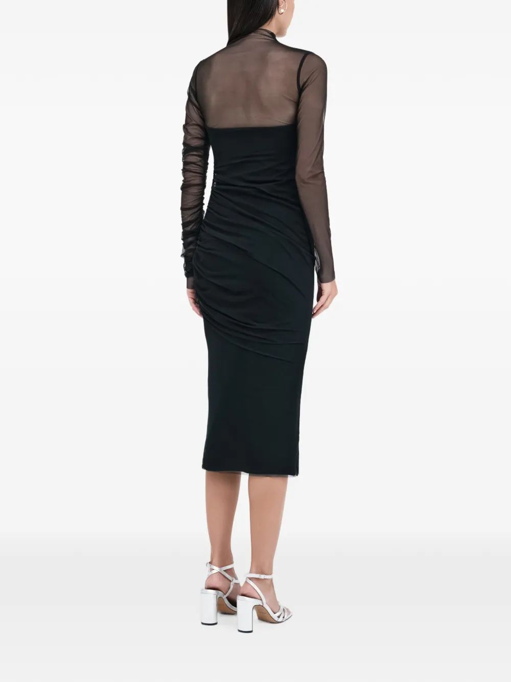Marcella Tehya midi-jurk met mesh vlak en ruches Zwart