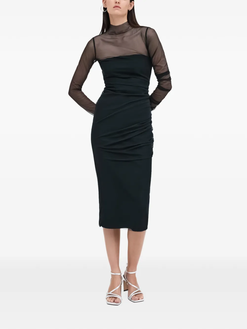 Marcella Tehya midi-jurk met mesh vlak en ruches Zwart