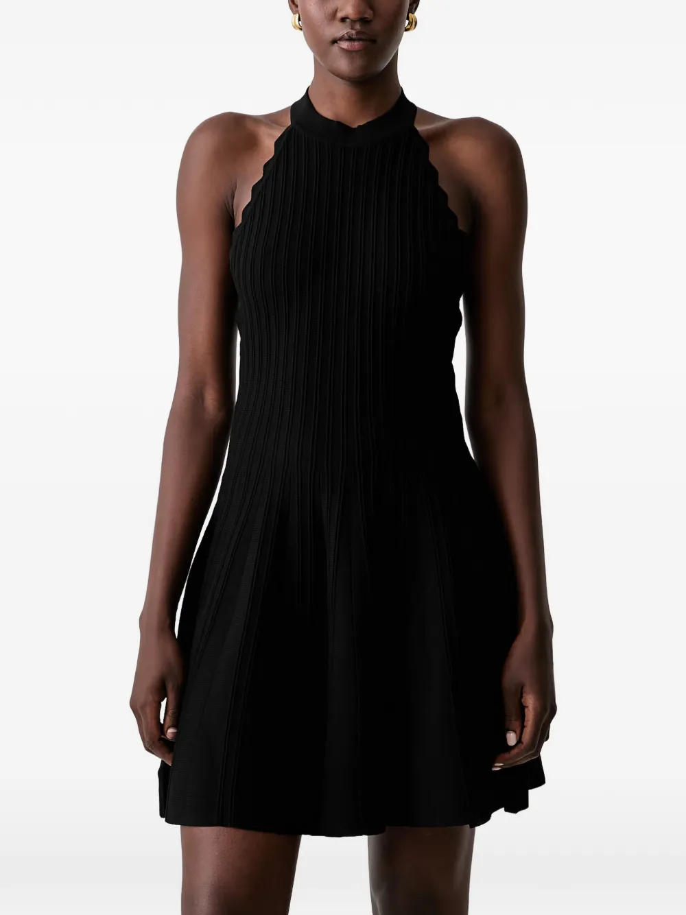 Morgan Scalloped-edge Ribbed-knit Mini Dress In Black