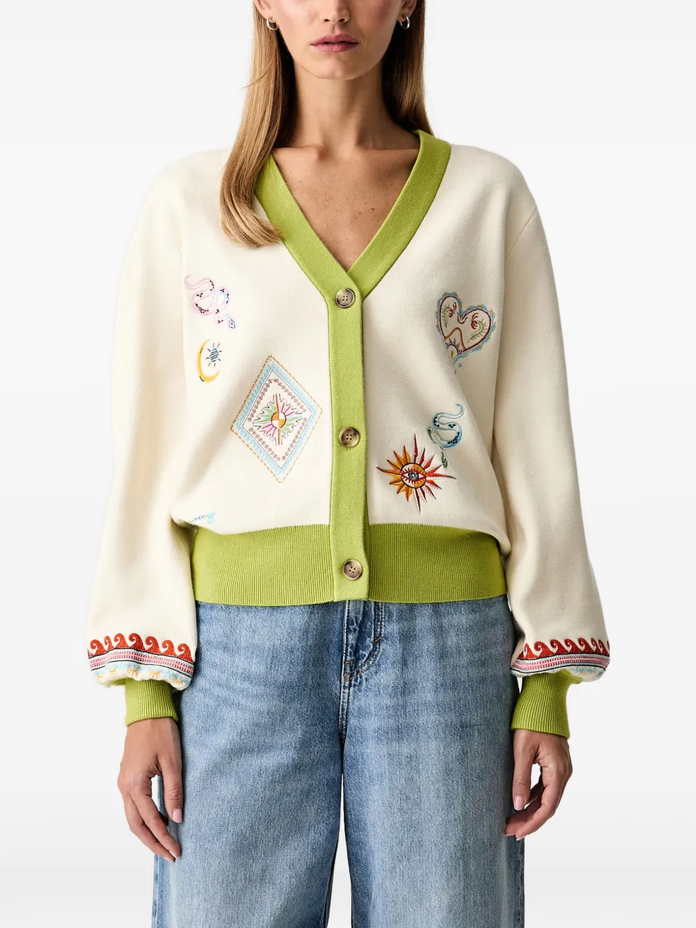 Never Fully Dressed Embroidered Colour-block Cardigan In Neutrals