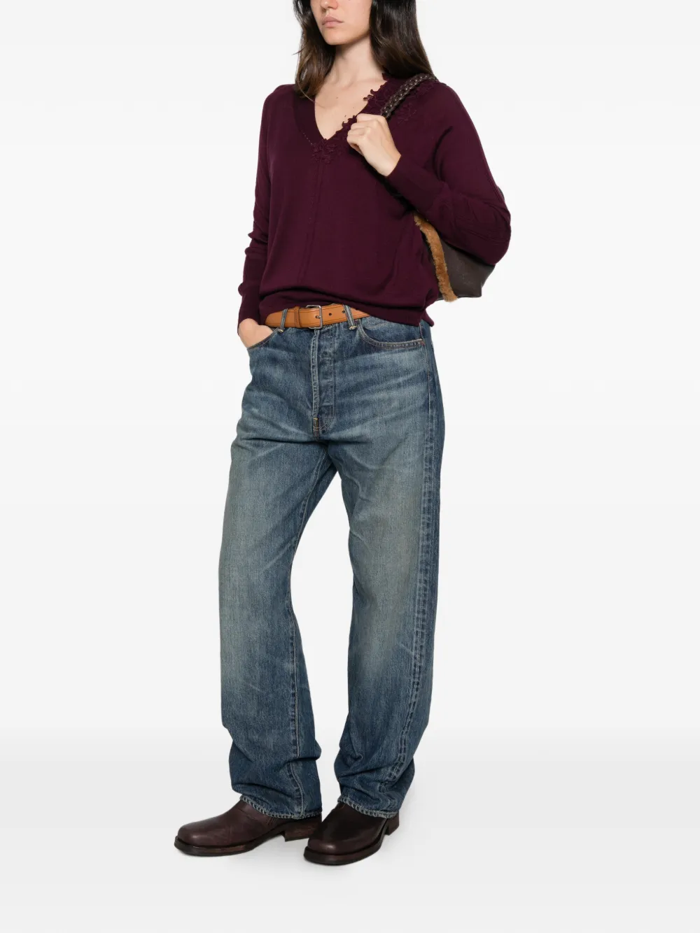 Ermanno Scervino Maglia trui met kanten afwerking en V-hals Paars