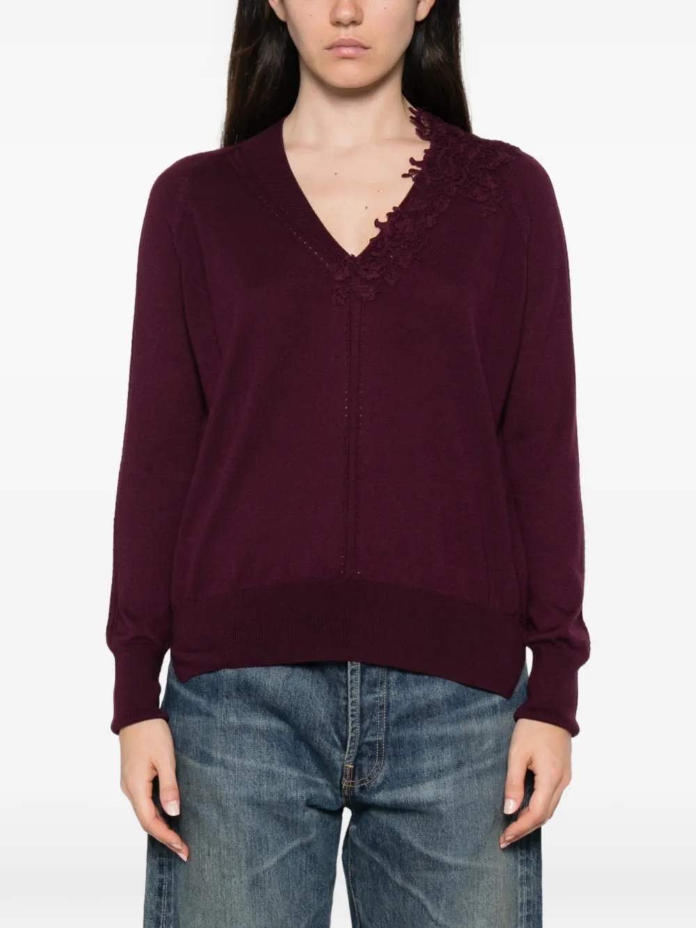 Ermanno Scervino Maglia trui met kanten afwerking en V-hals Paars