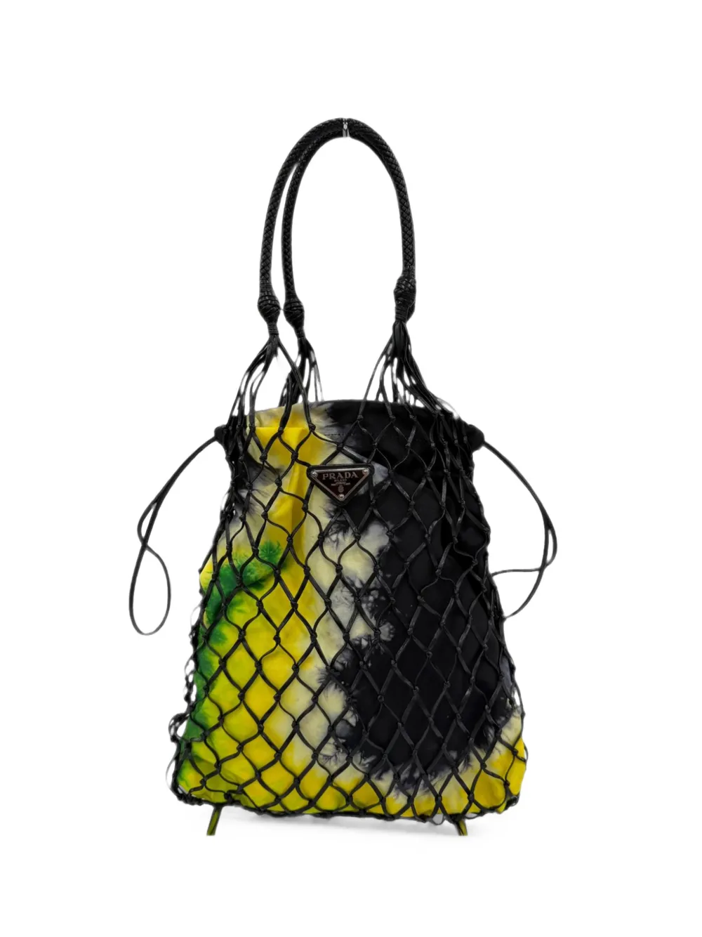 Pre-owned Prada 2013-2026 Mesh Leather And Tie Dye Printed Tessuto Bucket Bag Shoulder Bag In Black