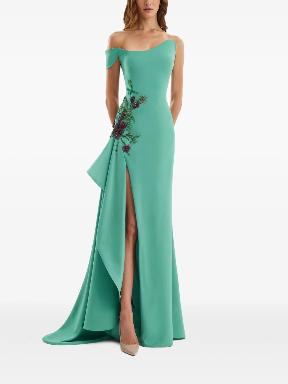 Gemy Maalouf Asymmetrische jurk met geborduurde bloemen Groen