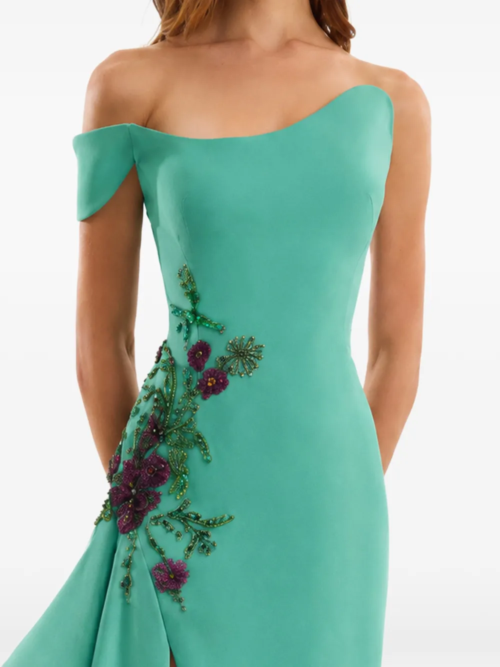 Gemy Maalouf Asymmetrische jurk met geborduurde bloemen Groen