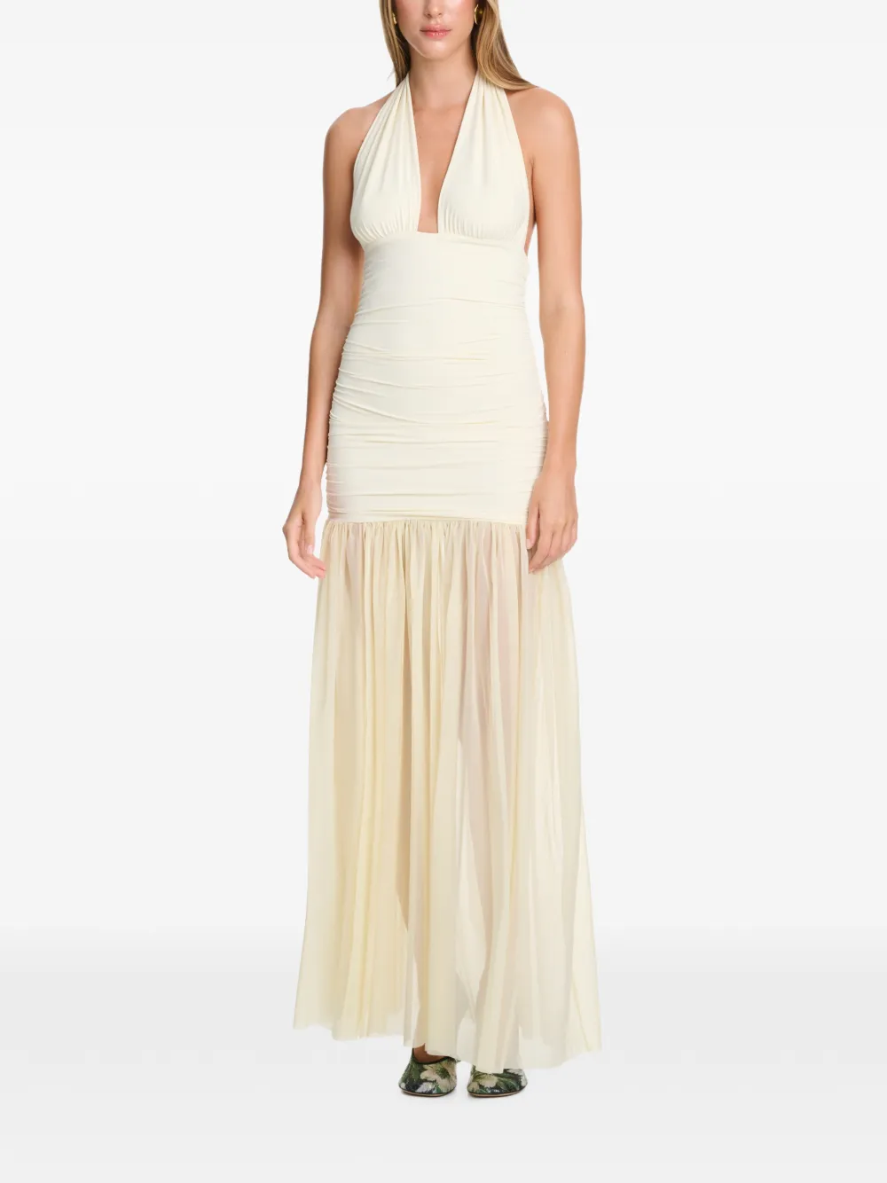 AXEL 113 Stasi ruched-body sheer-skirt fitted maxi dress