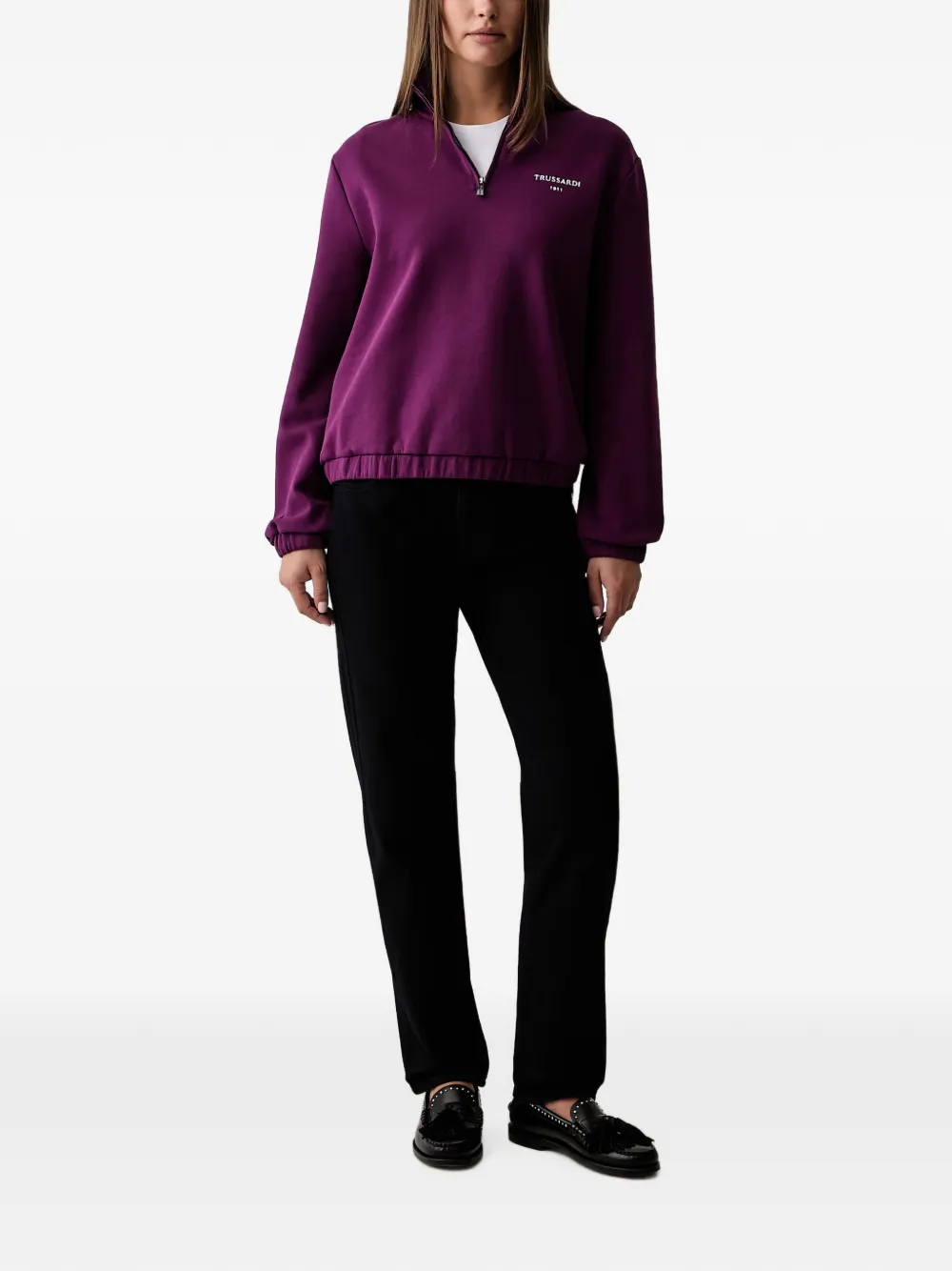 Trussardi Sweater met logopatch en kwart rits Paars