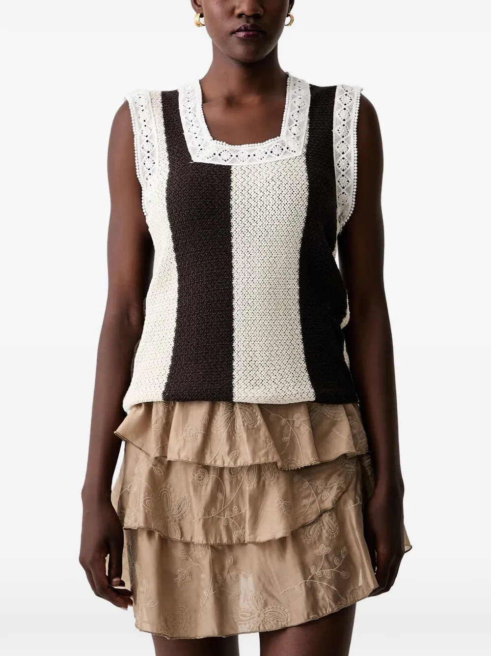 VICOLO crochet-trim striped top - Bianco