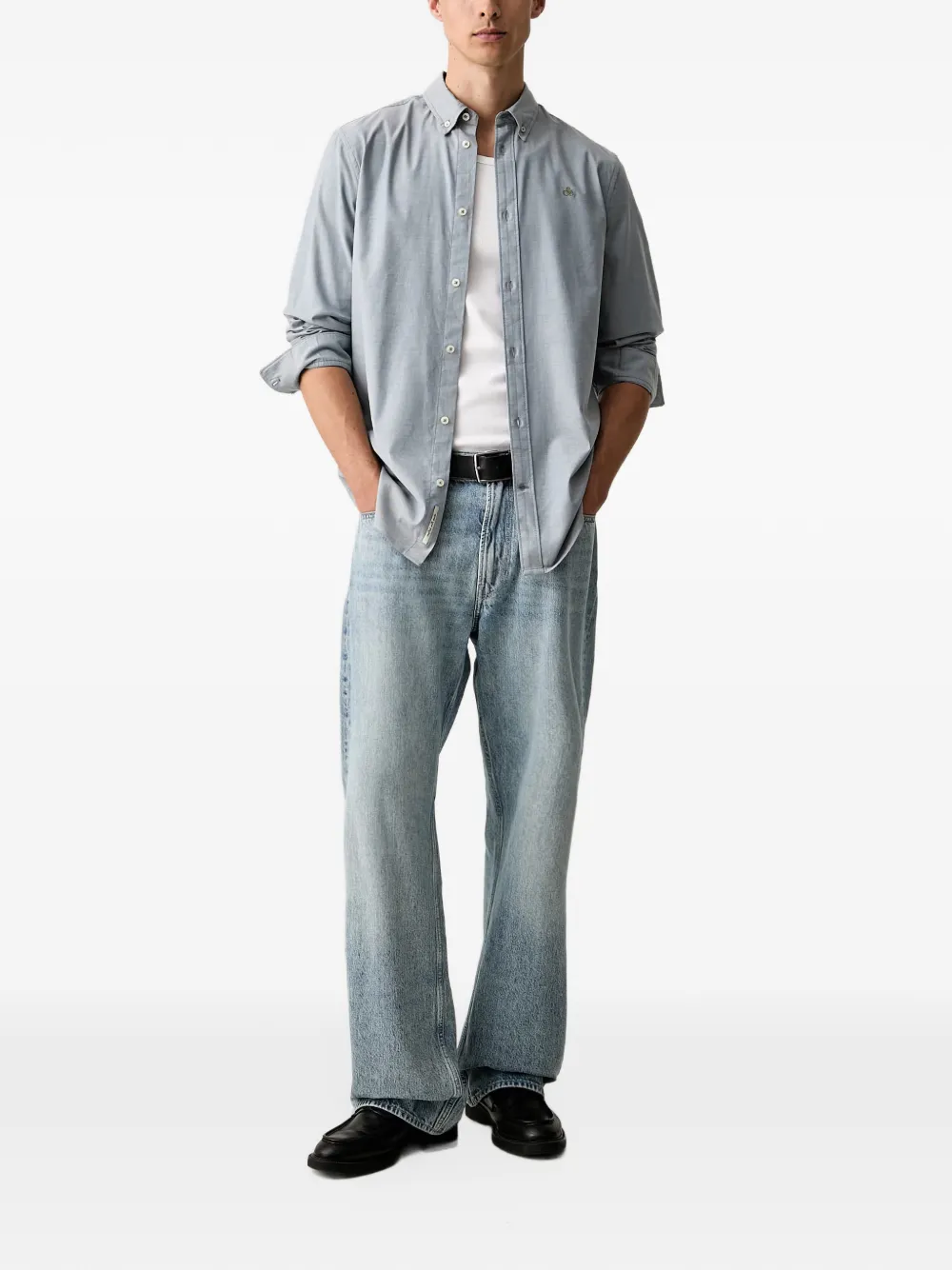 Scotch & Soda button-down collar logo-embroidered shirt Blauw