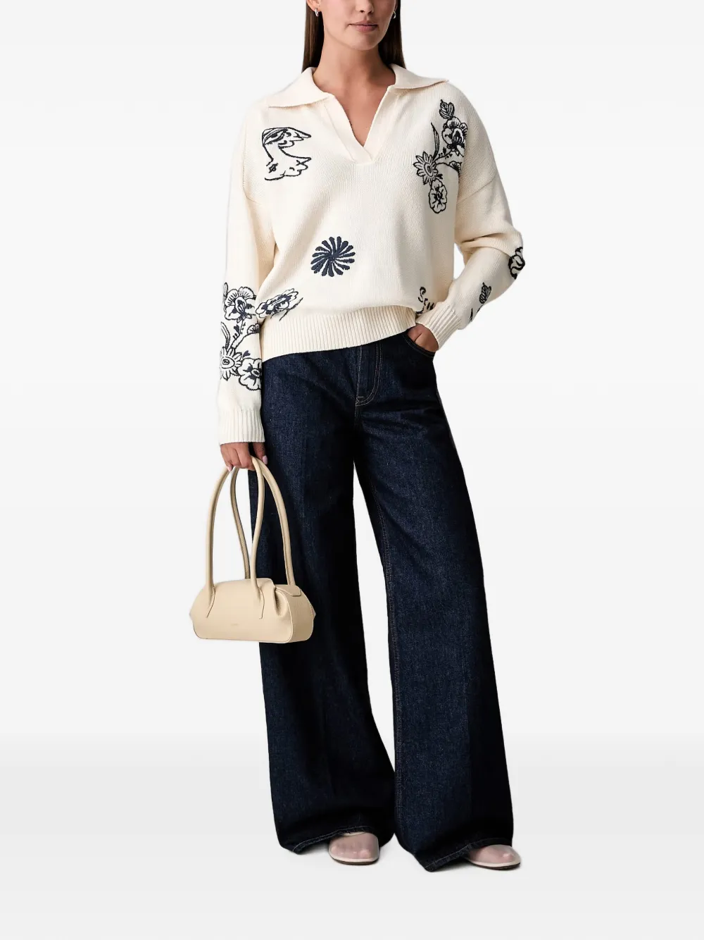 Scotch & Soda x Royal Delft trui met geborduurde bloemen en polokraag Wit