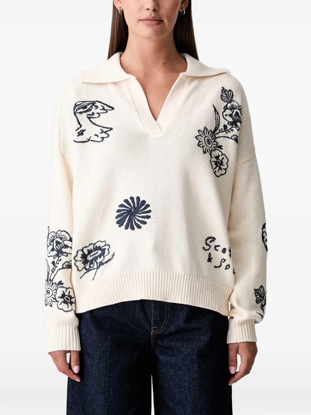 Scotch & Soda x Royal Delft floral-embroidered polo-collar sweater - Bianco
