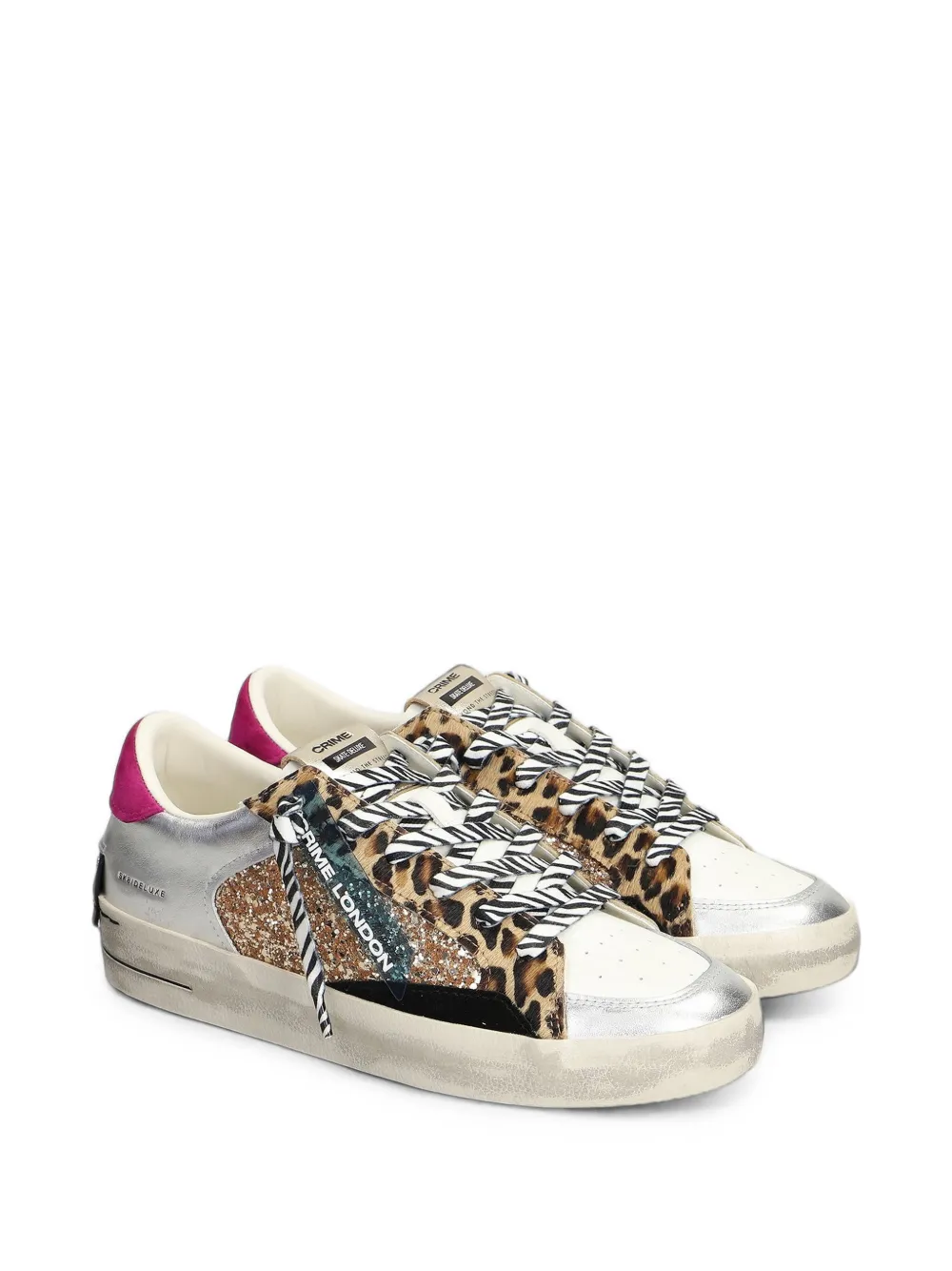 Crime London SK8 Deluxe glitter-panel leopard-print sneakers Zilver