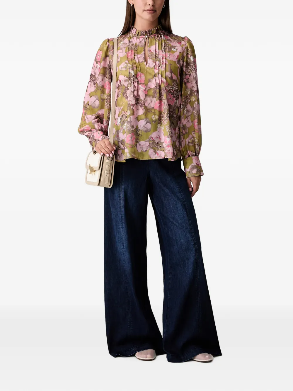 Joop! Blouse met bloemen-print en ruches Groen