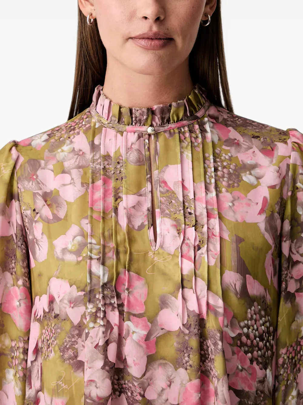 Joop! Blouse met bloemen-print en ruches Groen