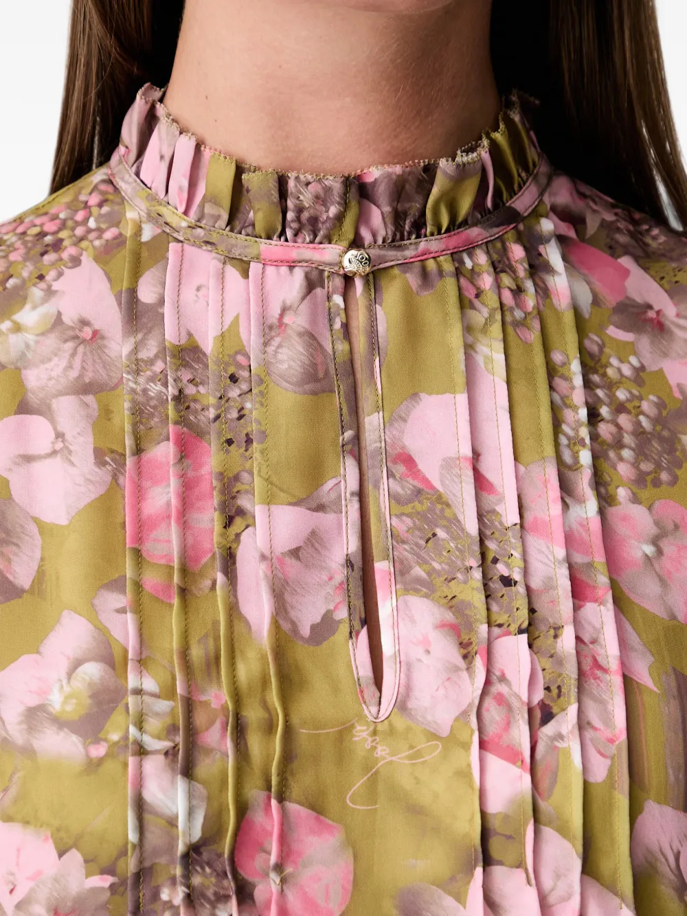 Joop! Blouse met bloemen-print en ruches Groen